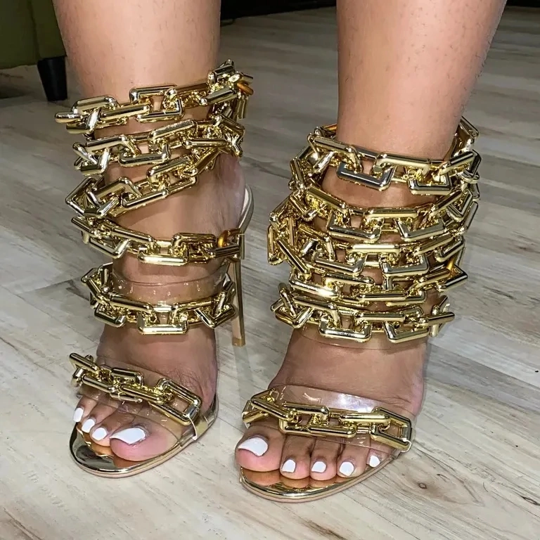 Chain Sandals Summer Hot Sale Party High Heels Luxury Meatal Chain Womens Shoes