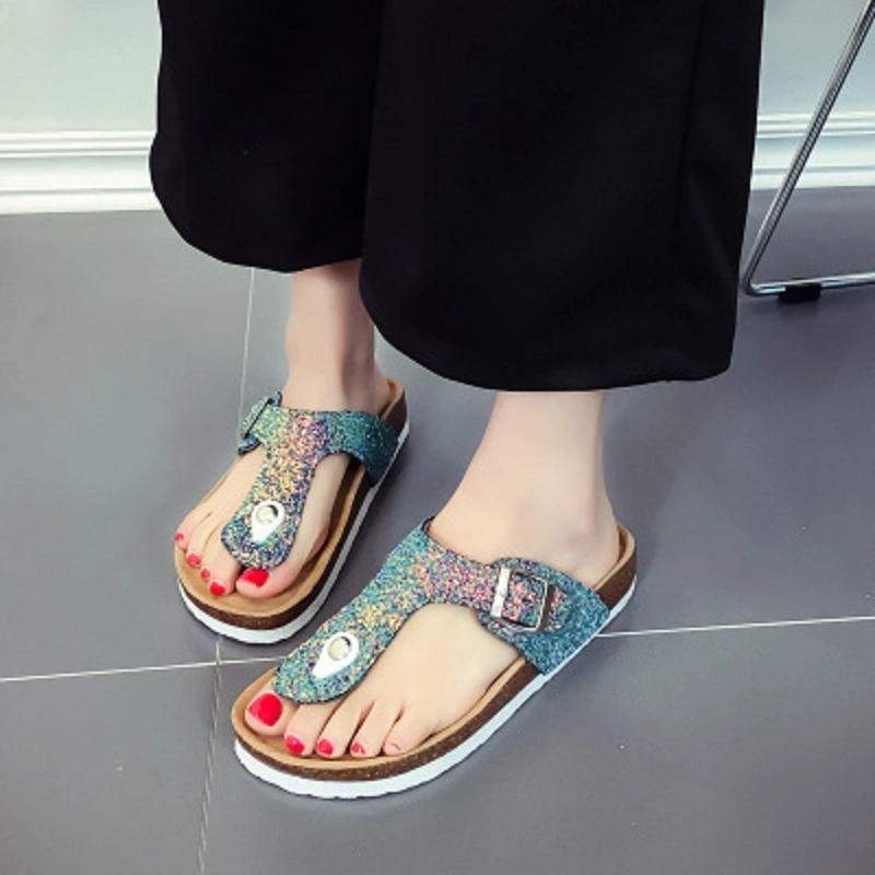 Womens Platform Open Toe Flat Slipper Casual Buckle Flip Flops Non-Slip Sole Fashion Sequin PVC Cork Beach Sandals Thongs Summer Sandals Esg13835