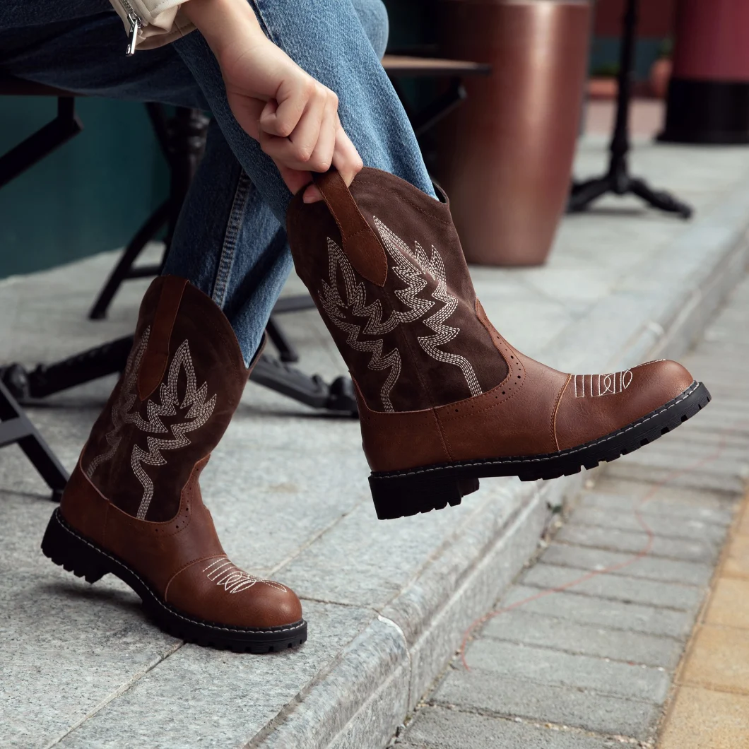 Women&prime; S MID Calf Western Cowboy Cowgirl Boot Round Toe Embroidered Fashion Boots