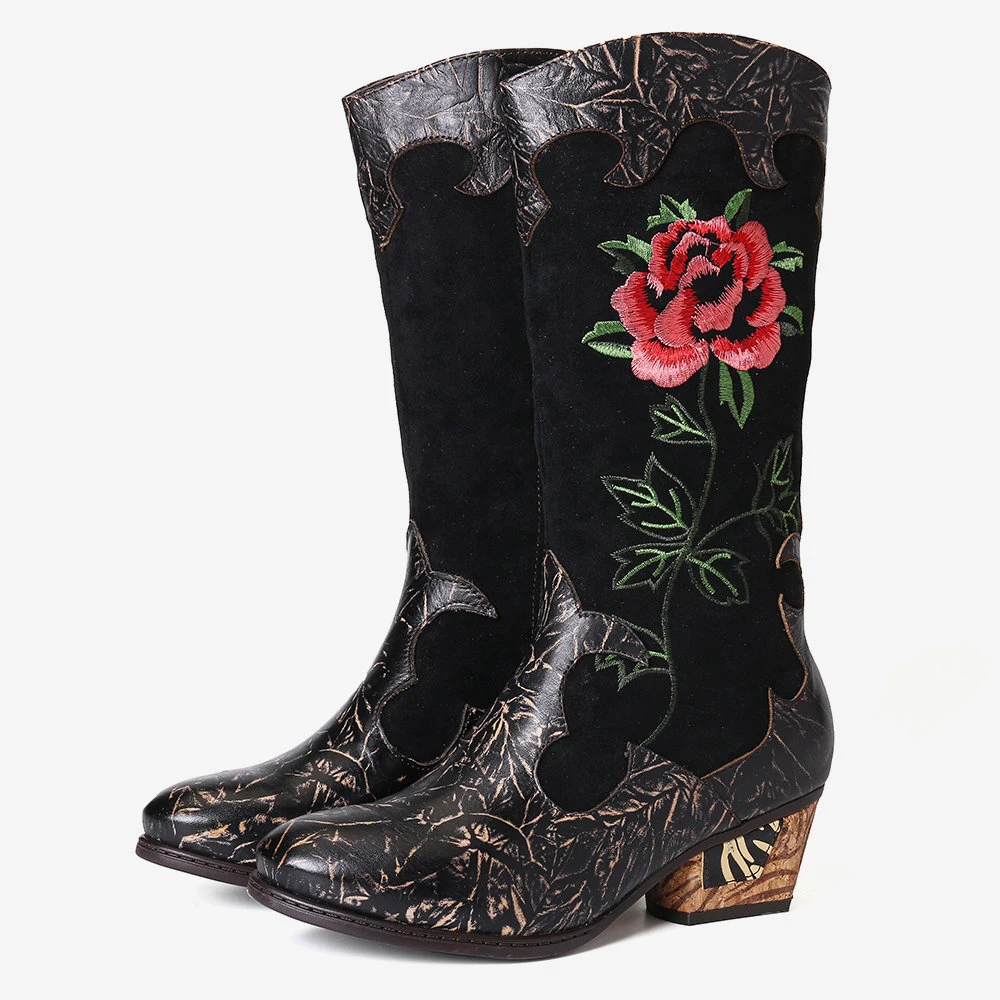 Classic Embroidered Rose Long Boots Low Heels Wholesale Boots