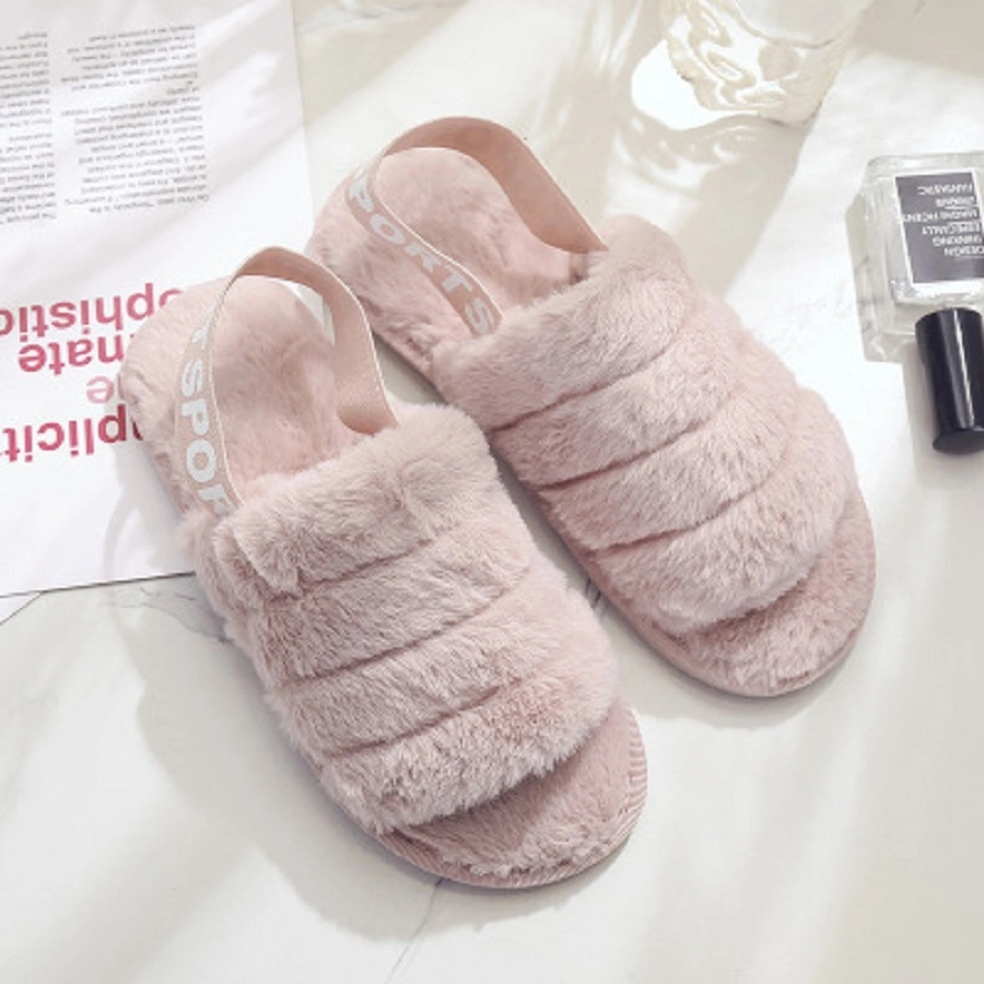 Womens Fur Slippers with Ankle Elastic Band Open Toe Winter Slides Home Slipper Plush Slip-on Fluffy Warm Indoor Slippers Comfortable Slides Esg14129