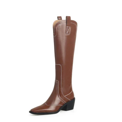 Brown Oily Cow Leather Winter Boots Low Heel Knee High Boots for Women