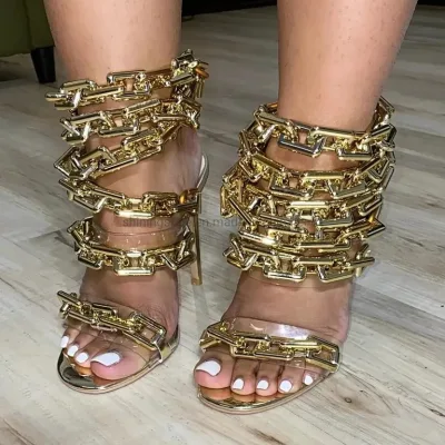 Chain Sandals Summer Hot Sale Party High Heels Luxury Meatal Chain Womens Shoes