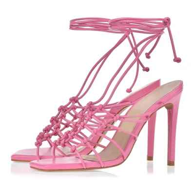 Summer Sexy Heeled Sandals Pink Leather Square Toe Thin Heels Lace up Womens Sandals